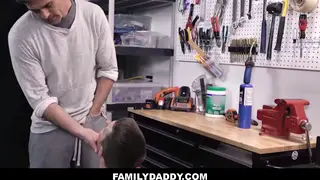 Stepdad and Stepson Share a Raw Threeway on a Garage Workbench
