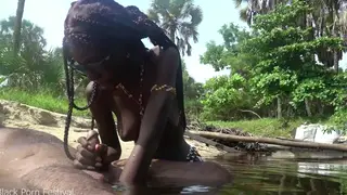 Ebony Babe Gives Handjob During Outdoor Tribe Shoot