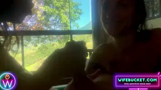 Two MILFs Surprise Husband With Outdoor Threesome in Cabin