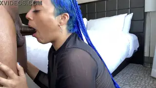 Blue-Haired Babe Takes a Throat-Deep Blowjob to a Messy Facial