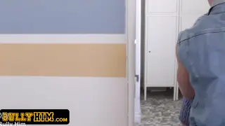 Muscular Jock Dominates Slim Twink in Bathroom Stall