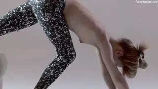 Petite Blonde Gymnast Stretches for Hairy Coach Session