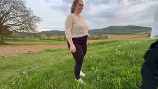 European Curvy Wife Kneels for Deep Throat Outdoors