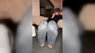 Ebony Domme Forces Submissive to Worship Her Sweaty Feet on Couch