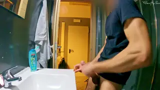 Petite Blonde Gives Sneaky Bathroom Handjob in Lingerie