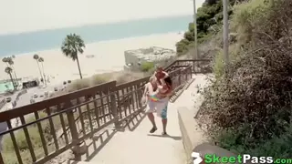 Petite Beach Babe Rides Muscular Stranger Outdoors