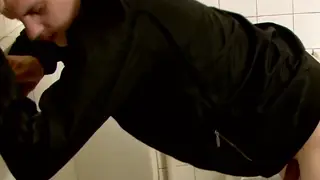Hairy Cop and Twink Fuck Bareback in Gloryhole Bathroom