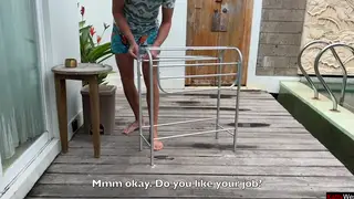 Petite Brunette Pays Handyman with Poolside Sex and Facial