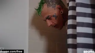 Inked Muscle Hunk Claims Friend on Bathroom Tiles