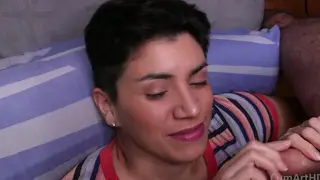 POV Blowjob Ends With Cum Rubbed Across Smiling Lips