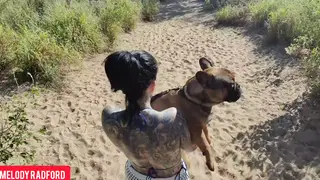 Busty MILF Strolls Beach in Bikini with Tattooed Partner