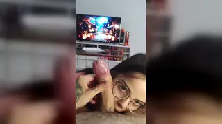 Busty Latina Kneels for Sloppy Blowjob in Pumpkin Room