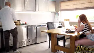 Redhead Teen Deepthroats Older Man Before Kitchen Doggystyle