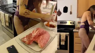 Woman Takes Two Cocks and a Machine in Kitchen