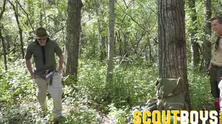 Muscular Leader Takes Two Twinks Bareback in the Woods