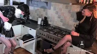 Tattooed Femdom Humiliates Sissy Maid in Uniform