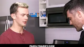 Blonde Stepson Takes Two Daddies Bareback in the Kitchen