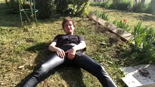 Teen Twink Strokes His Big Cock Outdoors in Leather Gear