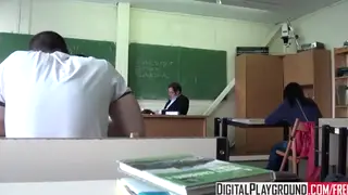 Busty Schoolgirl in Uniform Sucks Classmate at Desk