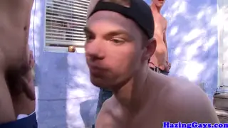 Hazed College Twinks Share Cumshot in Dorm Threesome